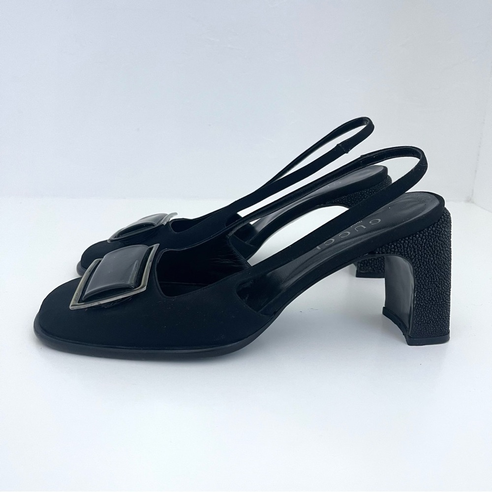 Vintage Gucci Square Buckle Round Toe Sparkly Block Mary Janes Slingbacks Heels - Picture 3 of 10